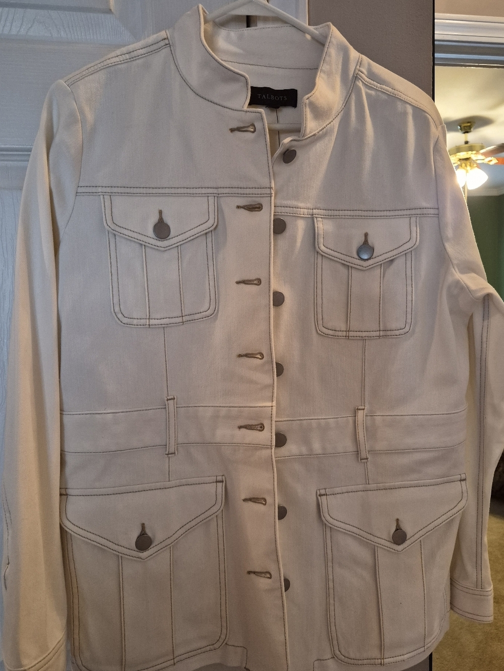 Talbots Ivory Military-Style Field Jacket with Contrast Stitching